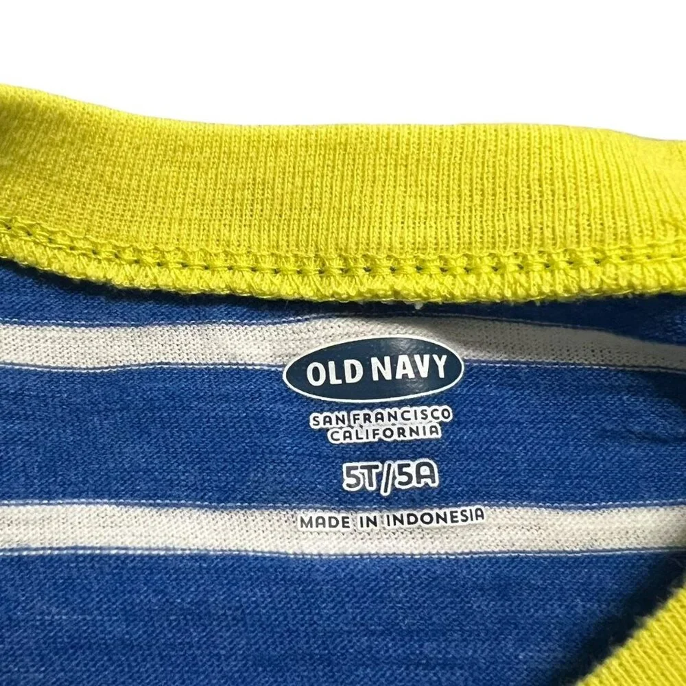 Old Navy 5T Blue & Yellow Striped Pocket Tee Shirt